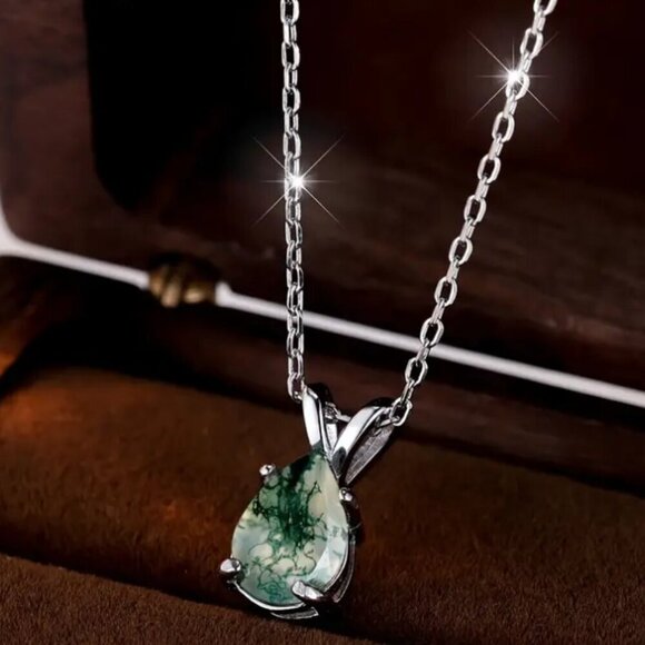 Moss Agate Necklace 925 Silver Pear Shaped Stone NWT - Picture 2 of 4